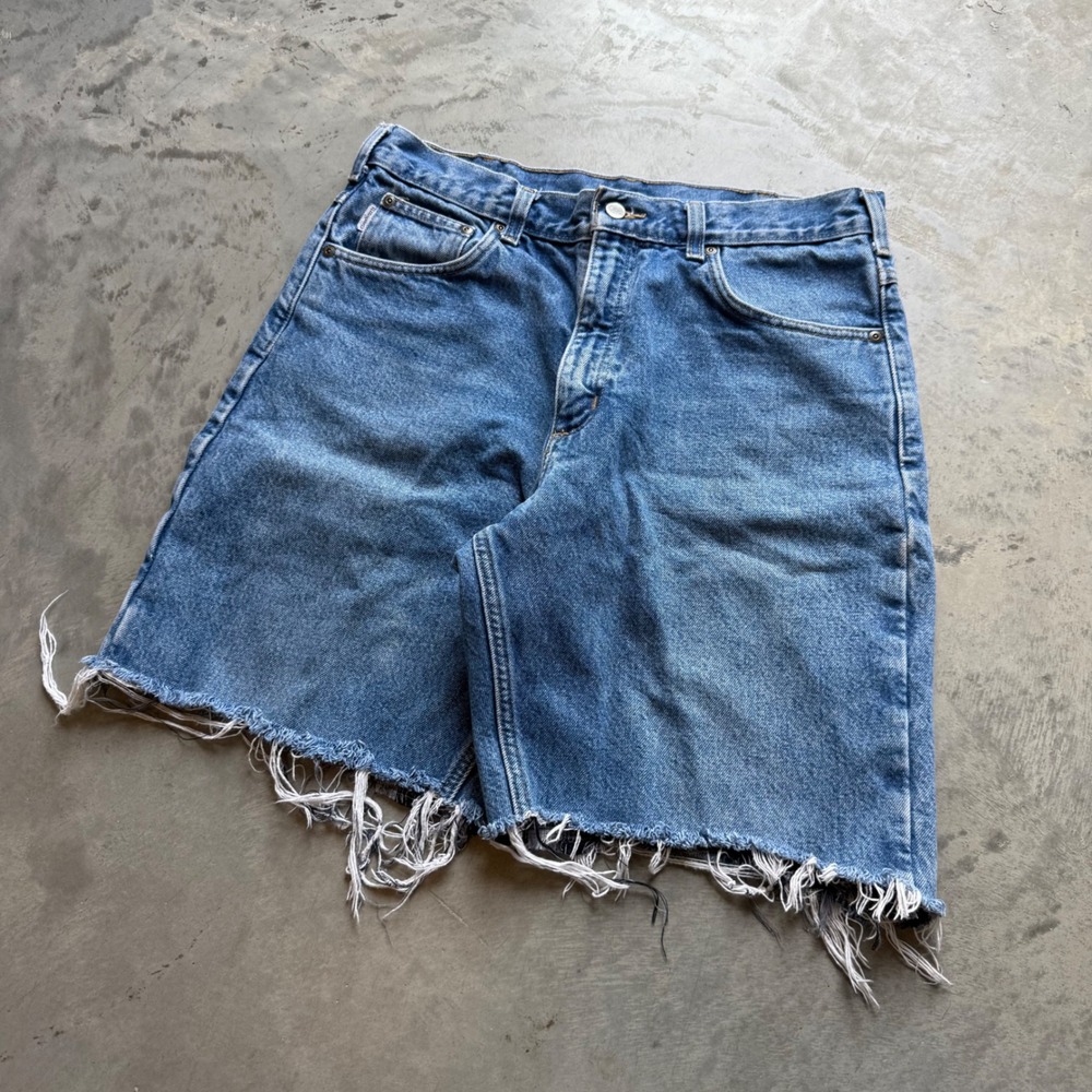 Carhartt B172 DST Flannel Lined Denim Cut Off Shorts Mens 34 Blue Frayed Hem